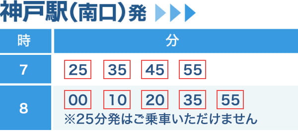神戸駅(南口)発 【7時】[35分]/[50分]/[58分]【8時】[0分]/[10分]/[20分]/[35分]/[55分]
